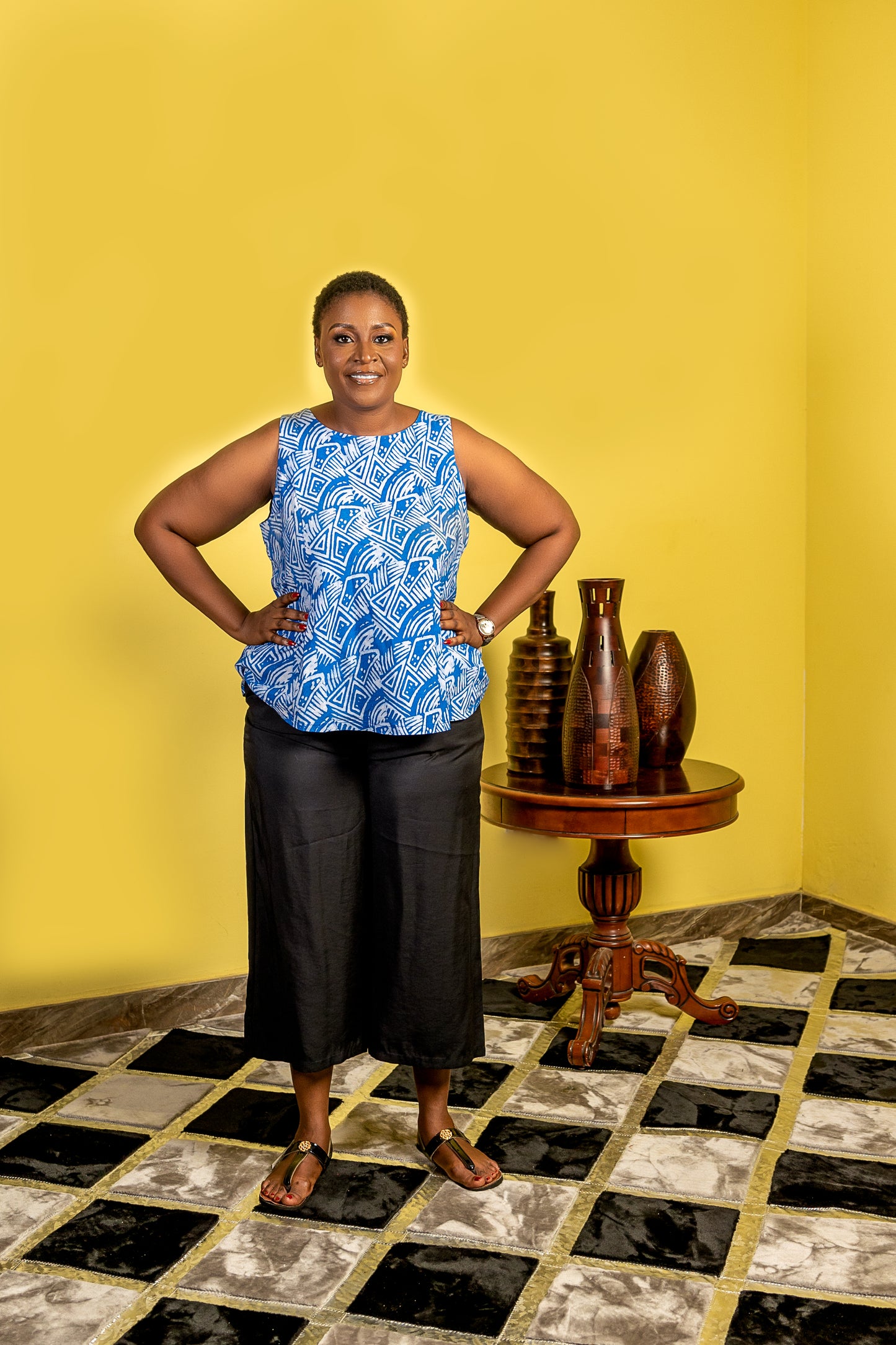 Blue and White Geometric Sleeves Top