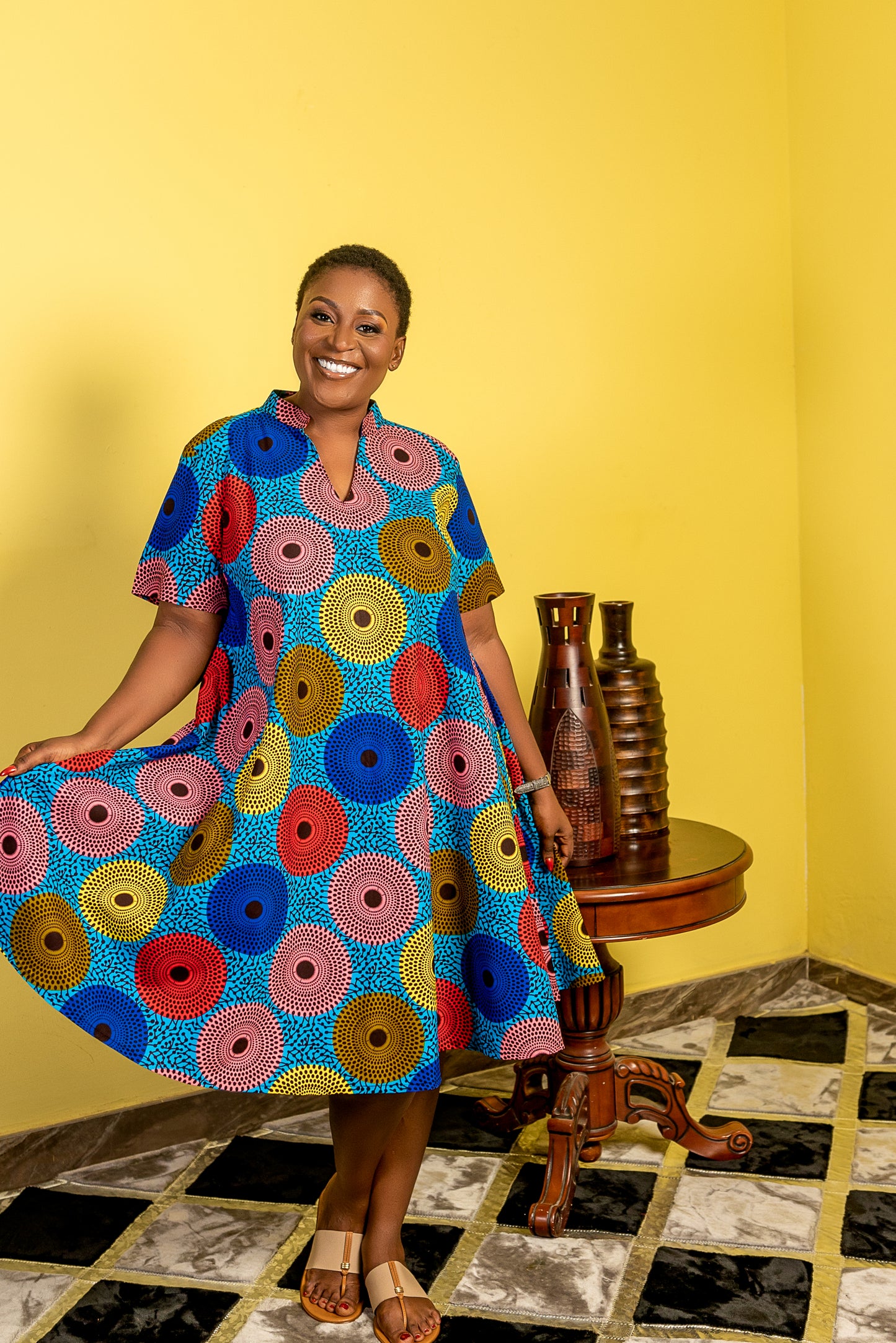 Blue Multi Circle Print Flare Dress