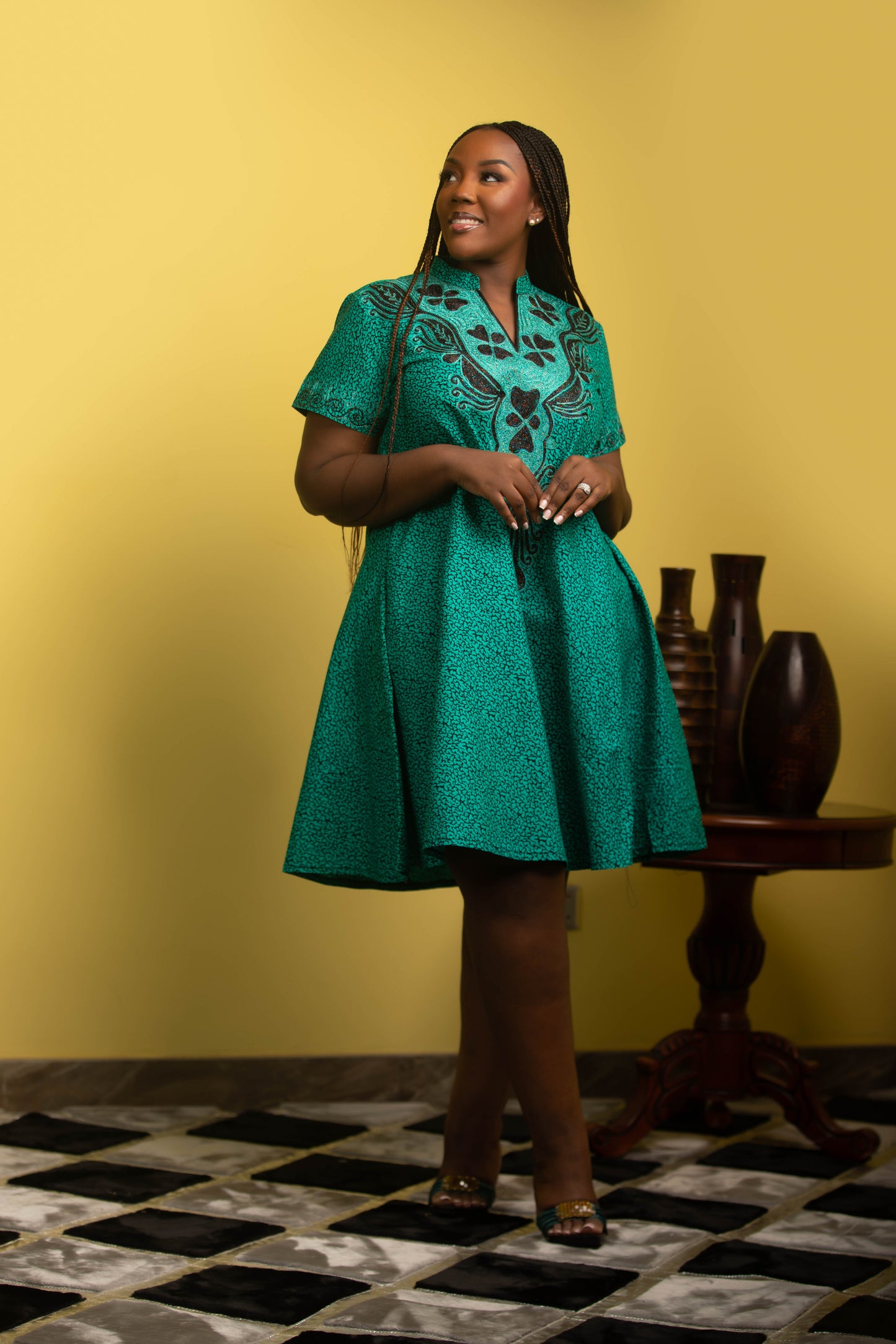 Ankara Green A-Line with Black Embellishment Dress