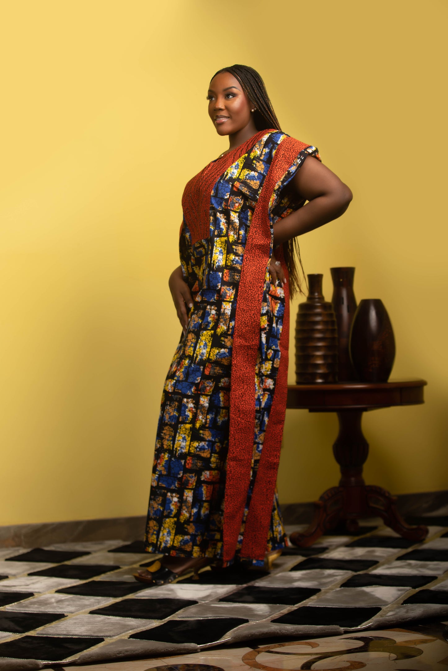 Multi Colored Long Dress with Orange Trim