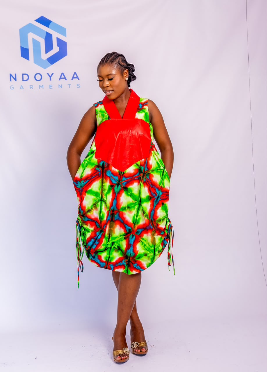 V-Neck Balloon Dress with Drawstring Hems
