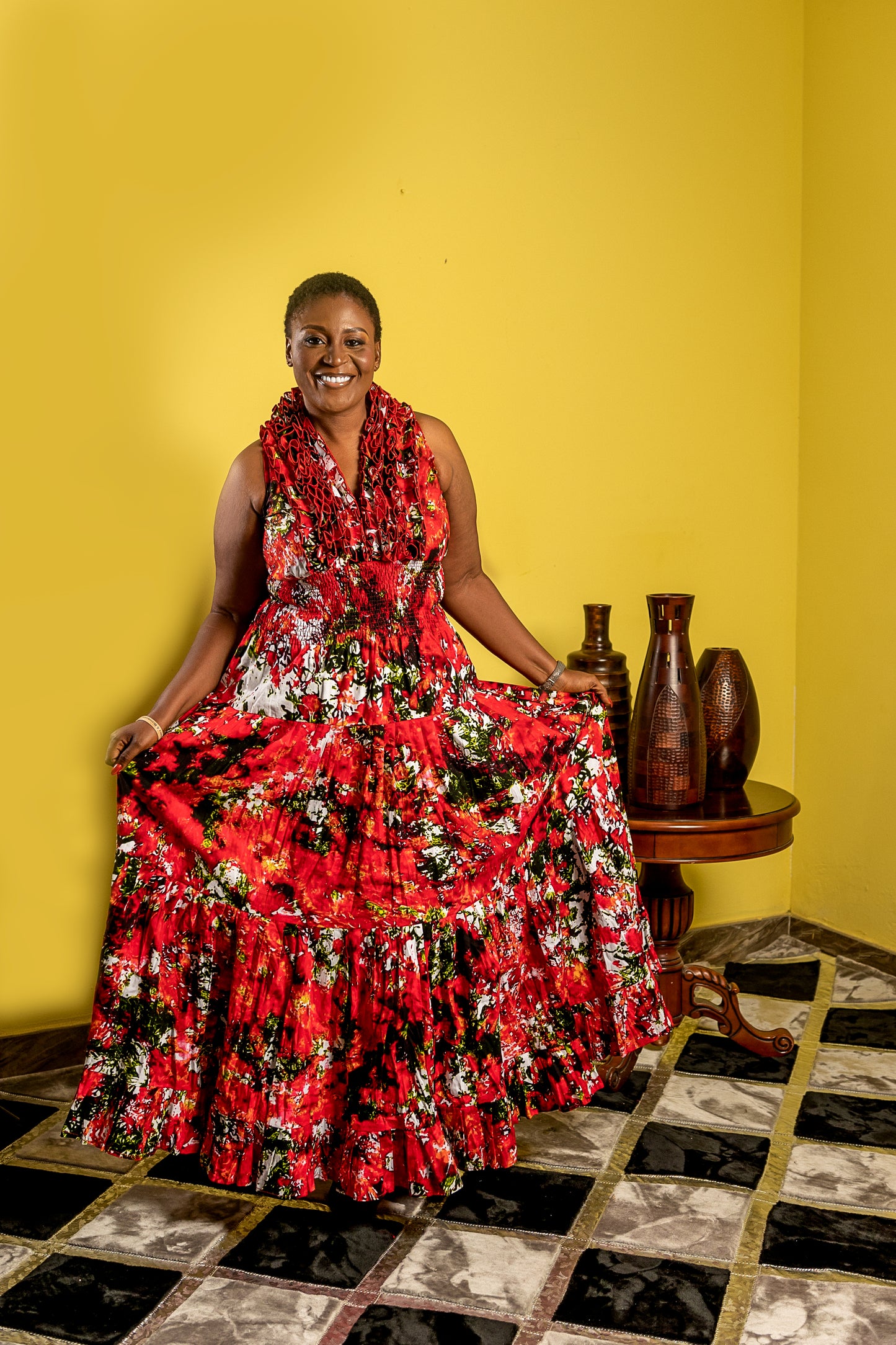 Red Floral Ruffled Maxi Dress