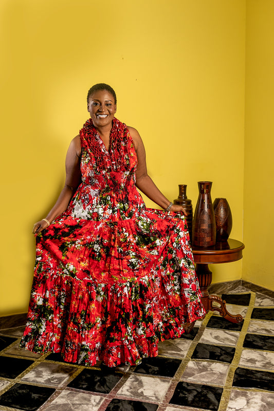 Red Floral Ruffled Maxi Dress