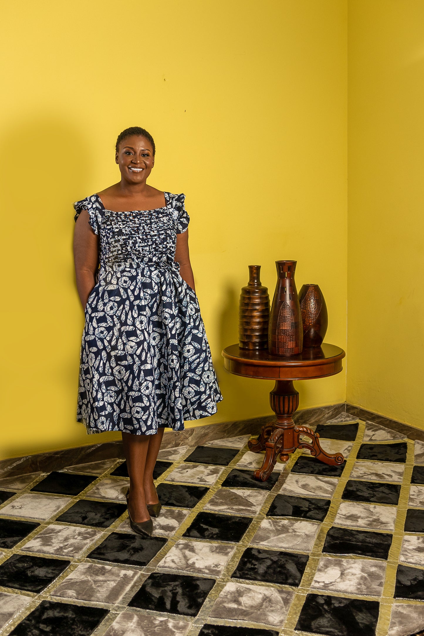 Black and White Ankara Print Dress with Ruffled Sleeves
