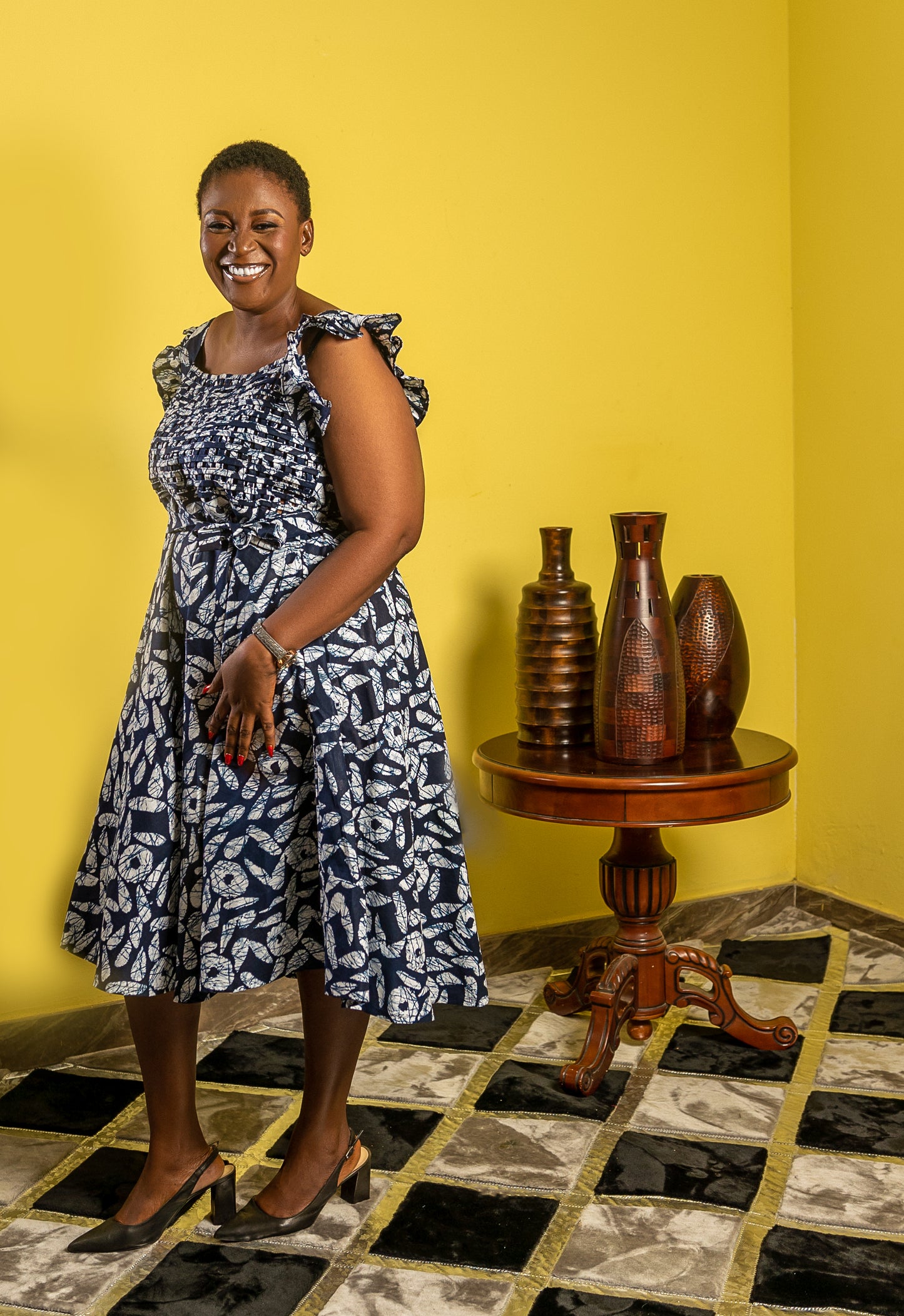 Black and White Ankara Print Dress with Ruffled Sleeves