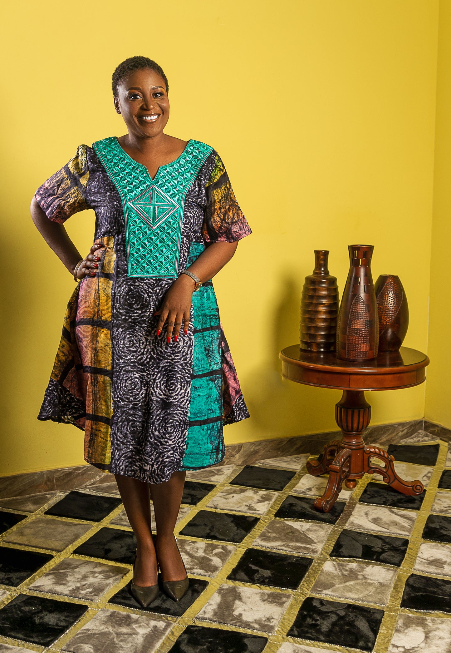 Multi-Colored Dress with Teal Embroidered Yoke