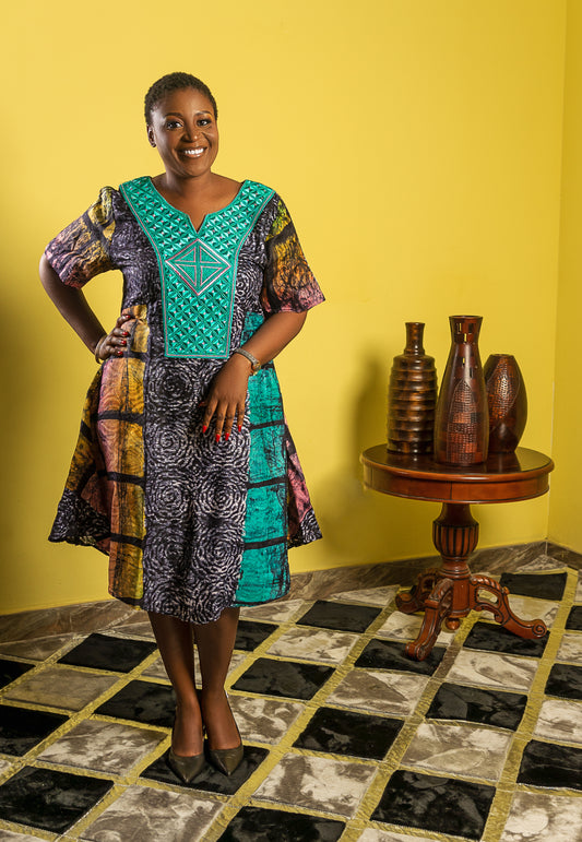 Multi-Colored Dress with Teal Embroidered Yoke