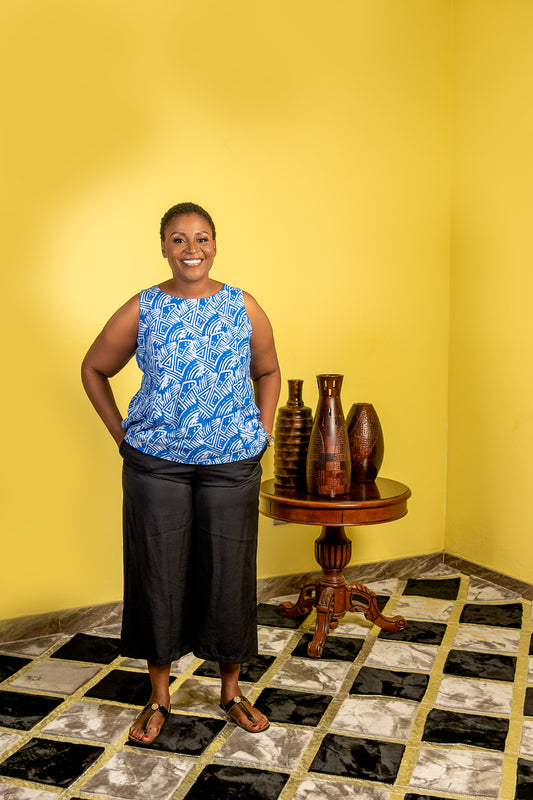 Blue and White Geometric Sleeves Top