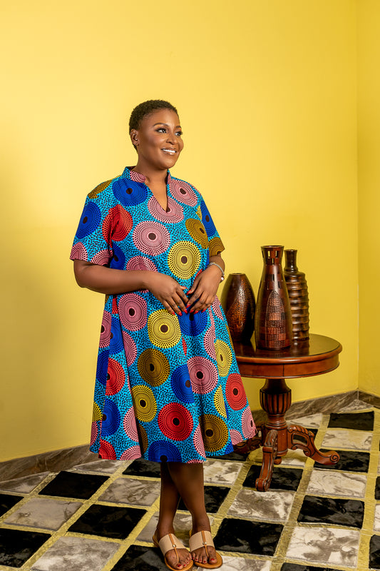 Blue Multi Circle Print Flare Dress