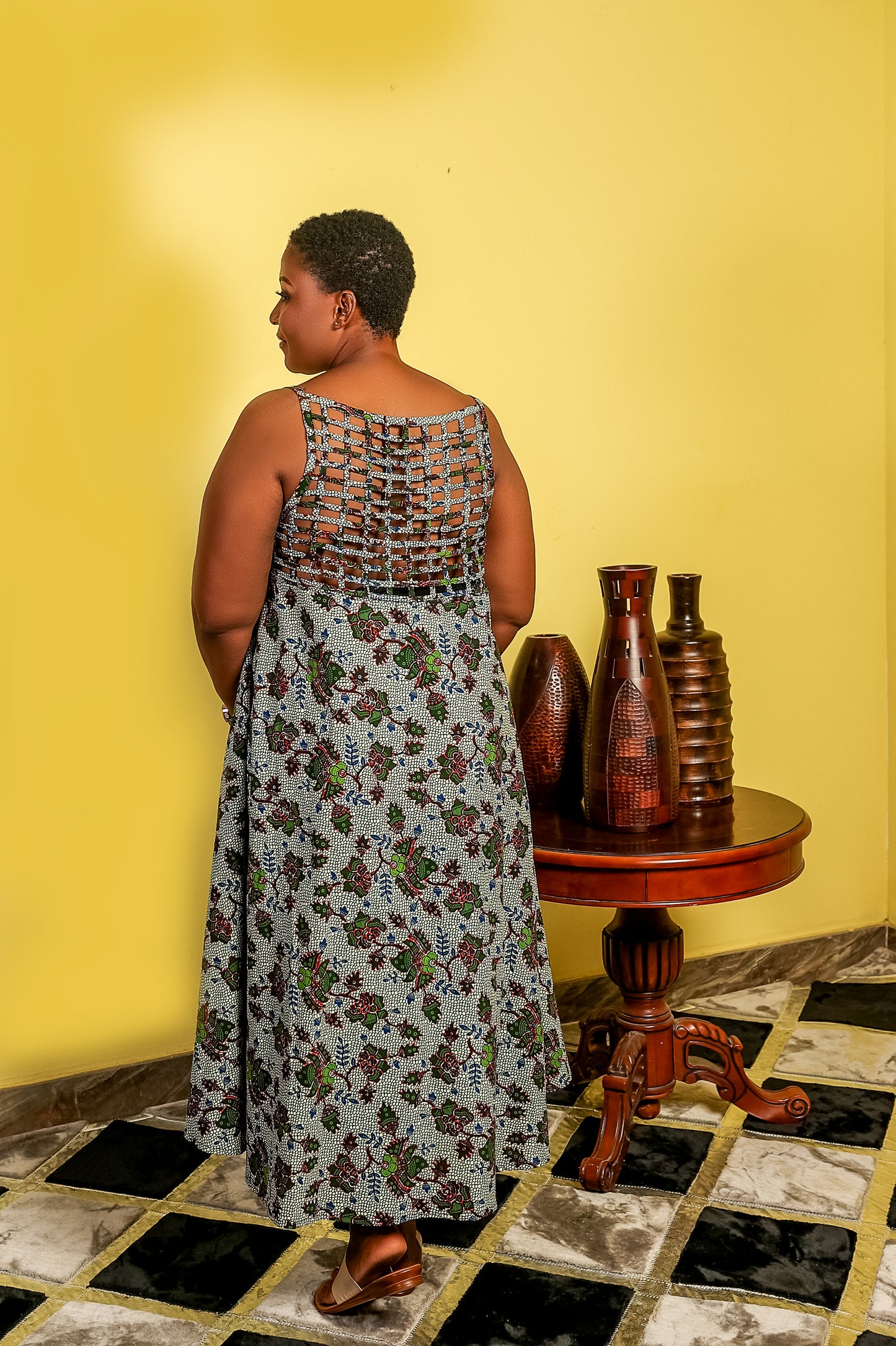 Ankara Print Spaghetti Strap Dress with Basket Yoke