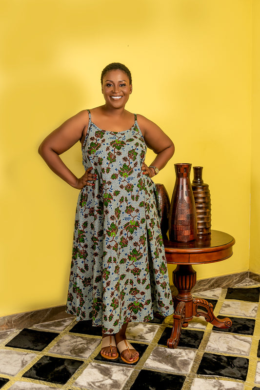Ankara Print Spaghetti Strap Dress with Basket Yoke