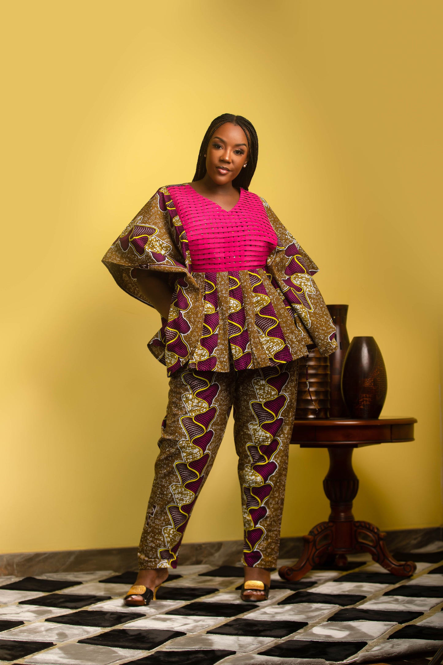 Peplum Top and Pants Set With Basket Design