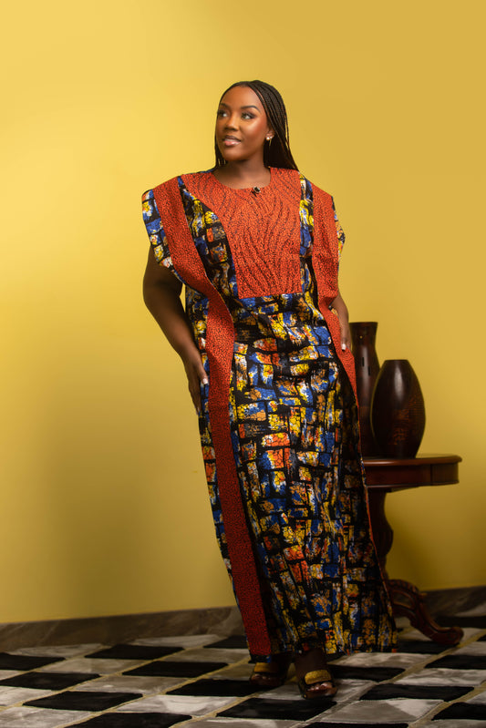 Multi Colored Long Dress with Orange Trim