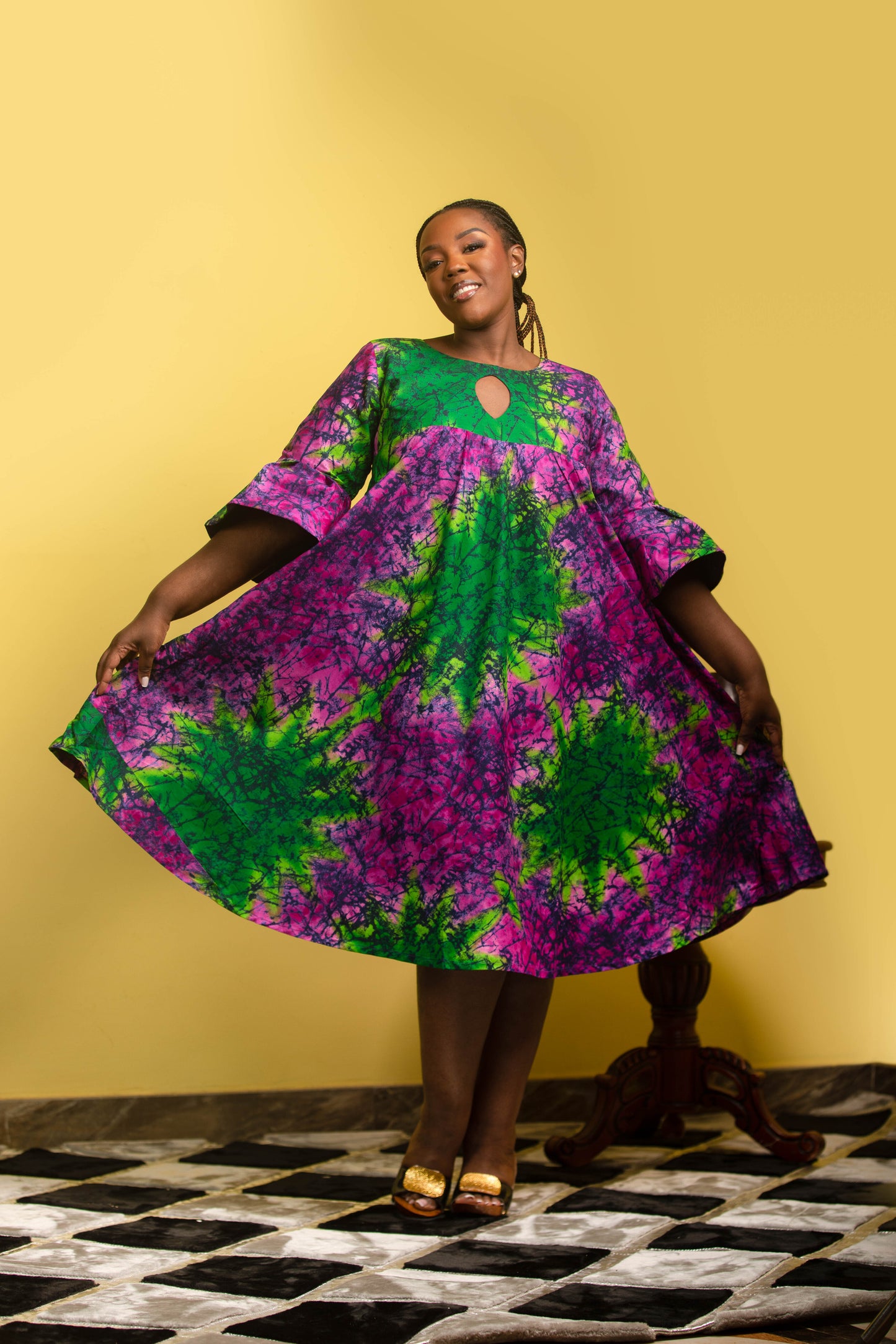 Purple and Green Flora Dress with Keyhole Neckline (Blossom Burst Dress)