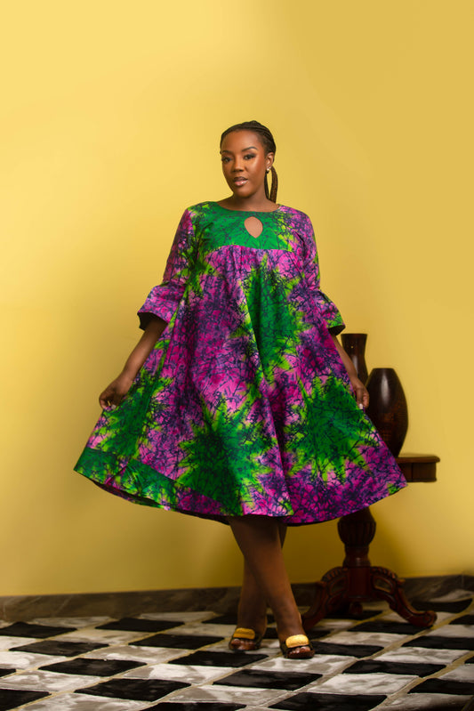 Purple and Green Flora Dress with Keyhole Neckline (Blossom Burst Dress)