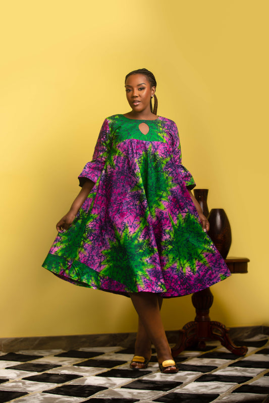 Purple and Green Flora Dress with Keyhole Neckline (Blossom Burst Dress)