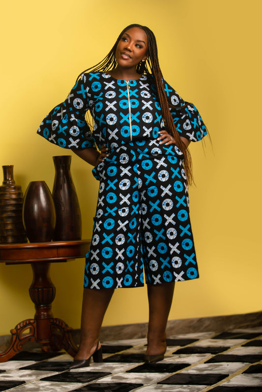 Ankara Black and Blue Print Three Quarter Pant Suit