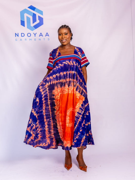 Square-Neck Yoke Flare Kaftan Dress