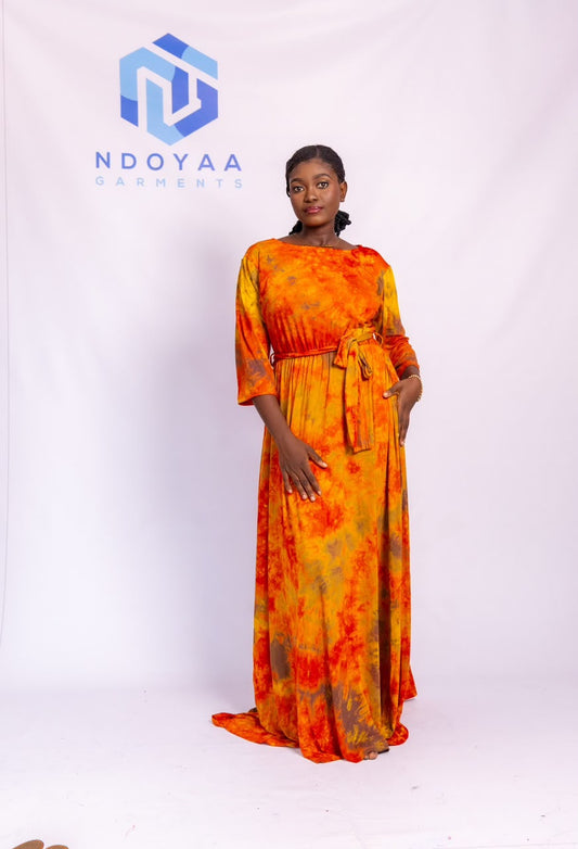 Tie-Waist Maxi Dress with Ruched Neckline