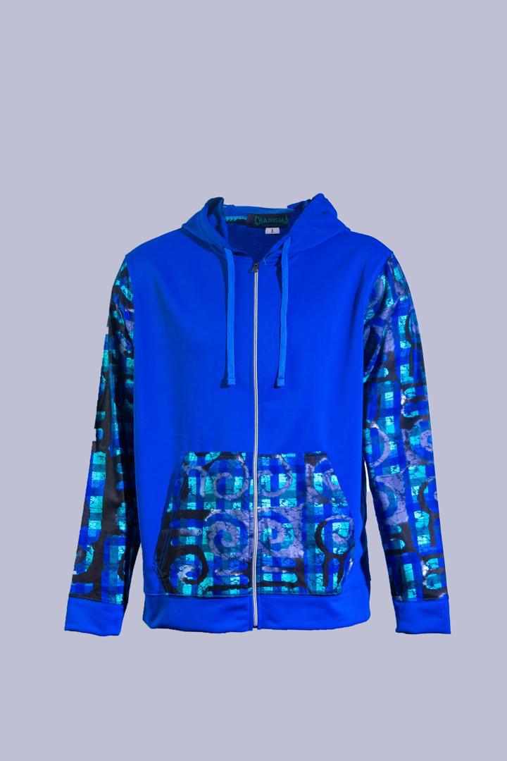 Full-Zip Hoodie with Patterned Sleeves & Kangaroo Pocket