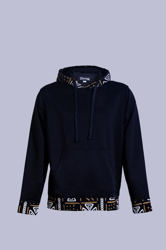 Minimalist Pullover Hoodie with Tribal Print Hem & Hood Lining